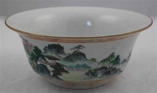 A Chinese famille rose landscape bowl, Qianlong seal mark, 19th century, diam. 19.5cm